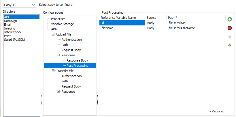 The Post Processing screen. Values have been assigned to the id and fileName varibales created on the Variable Storage screen.